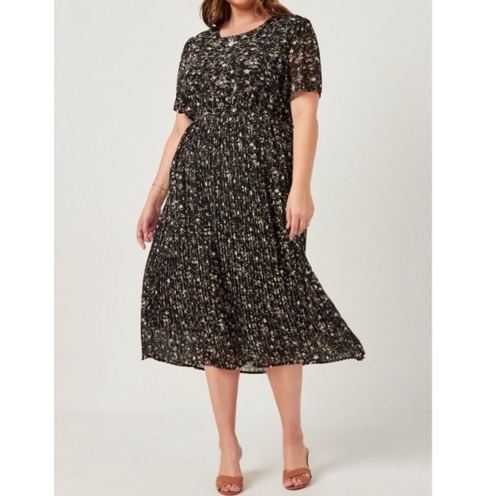 Hayden Pleated Black Floral Printed Short Sleeve Midi Dress. NWT! Sz 2X - Picture 5 of 11